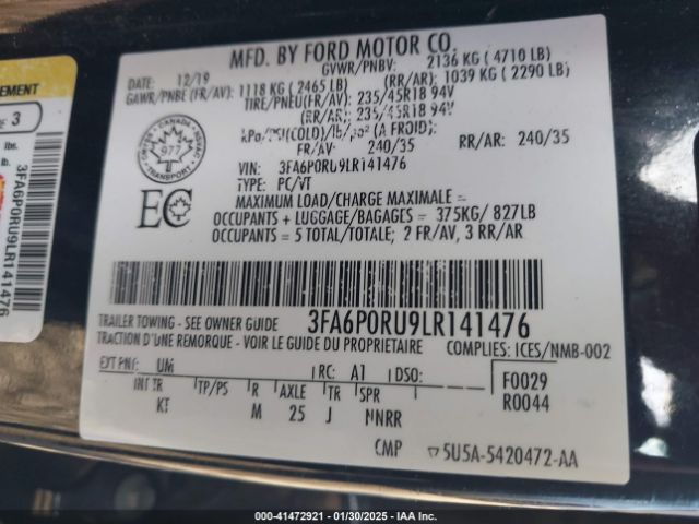 3FA6P0RU9LR141476 Ford Fusion Hybrid Titanium