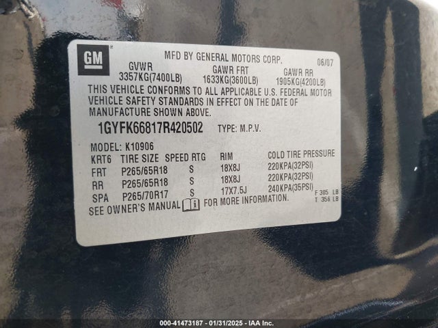 2007 CADILLAC ESCALADE ESV 1GYFK66817R420502 Photo 8
