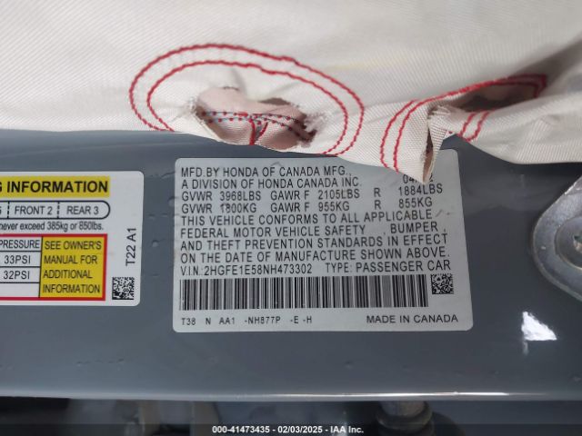 2HGFE1E58NH473302 Honda CIVIC SI SEDAN
