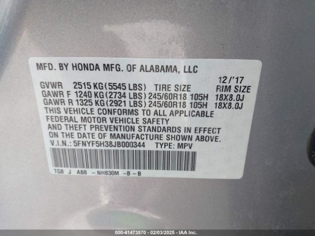 5FNYF5H38JB000344 Honda Pilot Ex