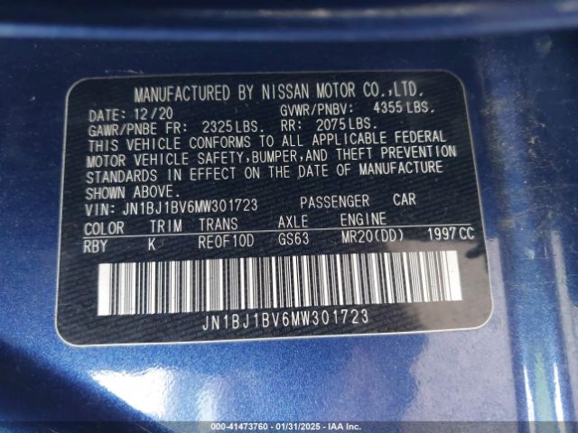 JN1BJ1BV6MW301723 Nissan Rogue Sport Sv Fwd Xtronic Cvt