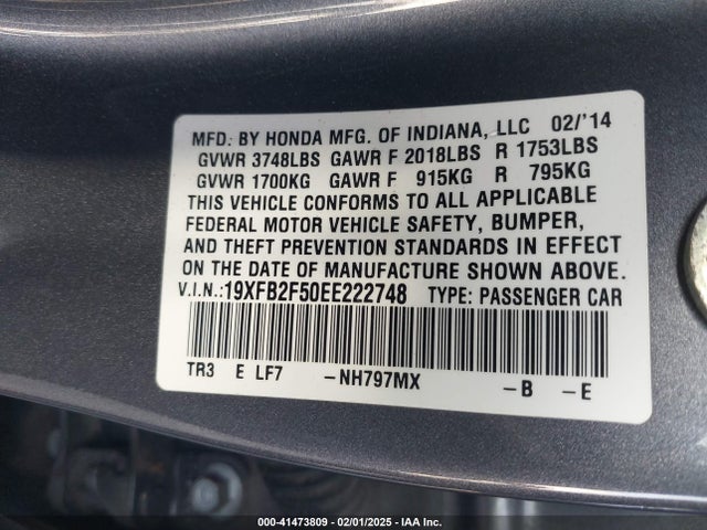 Honda Civic Lx 2014 19XFB2F50EE222748 Image 9