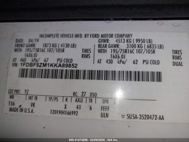 1FDBF8ZM1KKA89852 Ford Transit-350 Cab