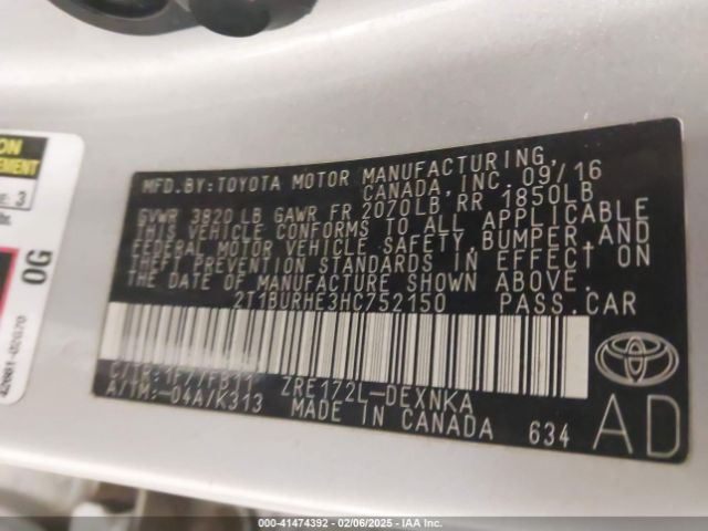 2T1BURHE3HC752150 Toyota Corolla L/le/xle/se/xse