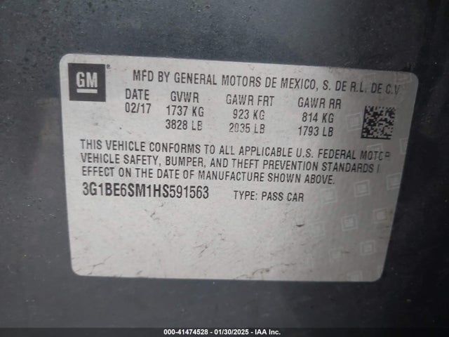 3G1BE6SM1HS591563 Chevrolet Cruze Lt Auto