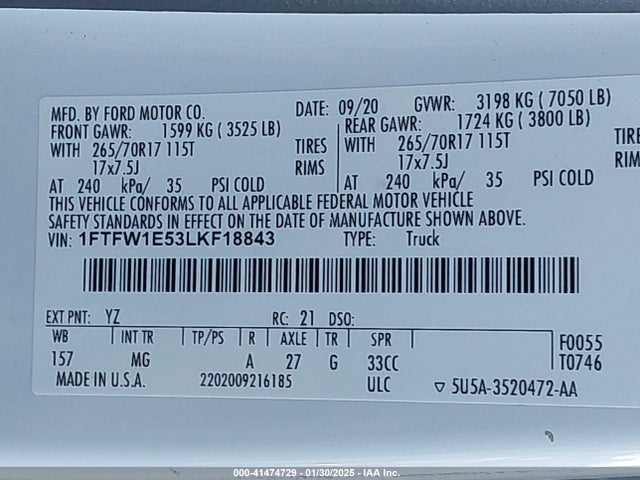 1FTFW1E53LKF18843 Ford F-150 Xlt
