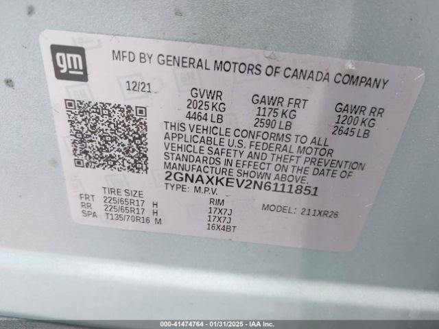 2GNAXKEV2N6111851 Chevrolet Equinox Fwd Lt