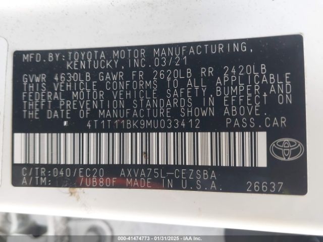 4T1T11BK9MU033412 Toyota Camry Se Nightshade Edition Awd