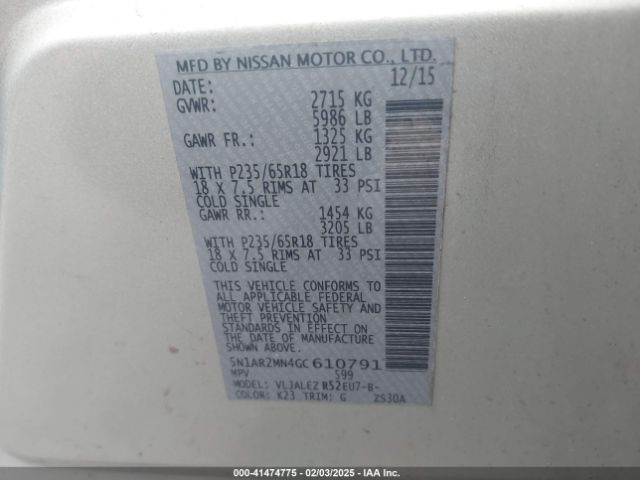 5N1AR2MN4GC610791 Nissan Pathfinder Platinum/s/sl/sv