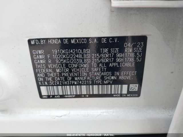 3CZRZ1H37PM742219 Honda Hr-v 2wd Lx