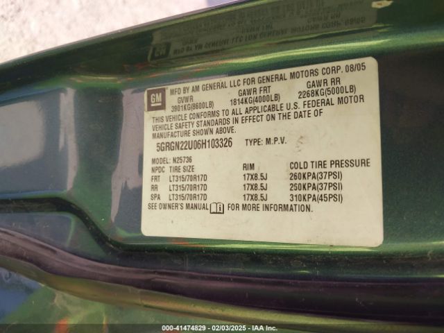 2006 HUMMER H2 SUT 5GRGN22U06H103326 Photo 8