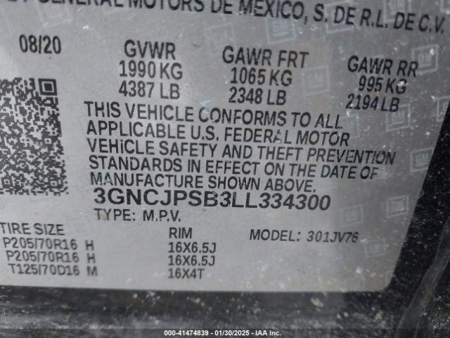 3GNCJPSB3LL334300 Chevrolet Trax Awd Lt