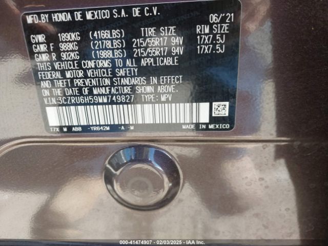 3CZRU6H59MM749827 Honda Hr-v Awd Ex