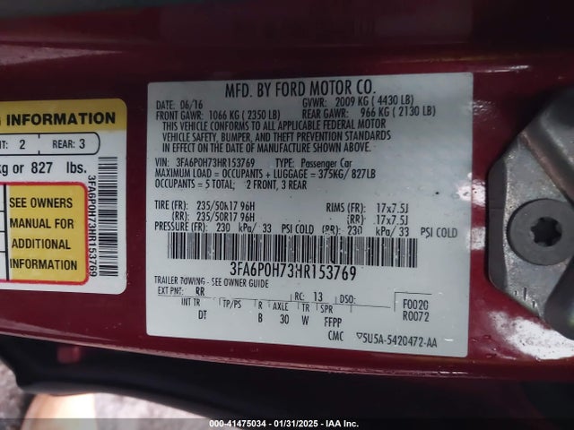 Ford FUSION SE 2017 3FA6P0H73HR153769 Image 9