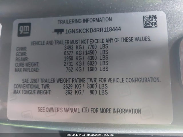 1GNSKCKD4RR118444 Chevrolet Suburban 4wd Lt