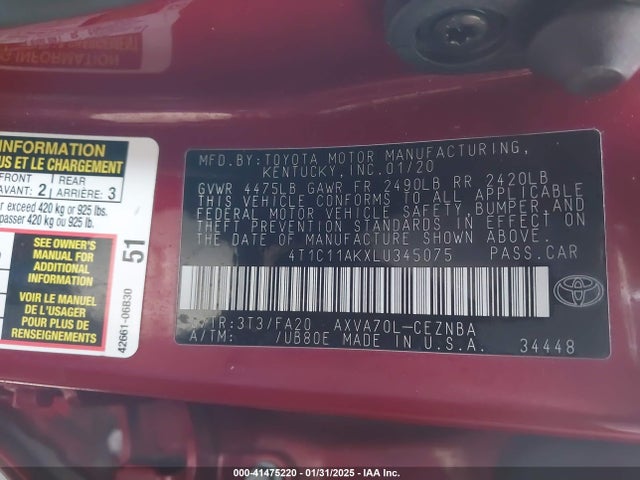 Toyota CAMRY LE 2020 4T1C11AKXLU345075 Image 9