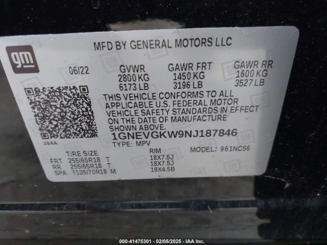 1GNEVGKW9NJ187846 Chevrolet Traverse Awd Lt Cloth