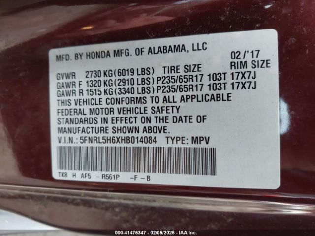 5FNRL5H6XHB014084 Honda Odyssey Ex-l