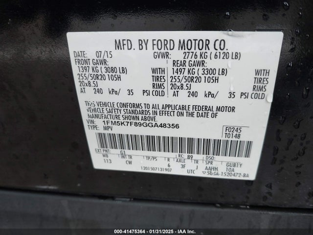 1FM5K7F89GGA48356 Ford Explorer Limited