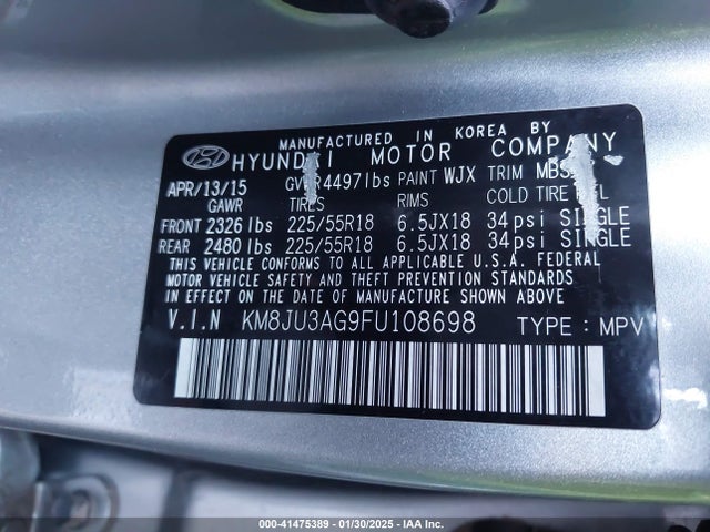 KM8JU3AG9FU108698 Hyundai Tucson Limited