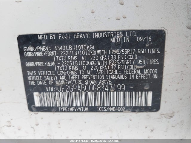 JF2GPABC0G8347199 Subaru Crosstrek 2.0i Premium