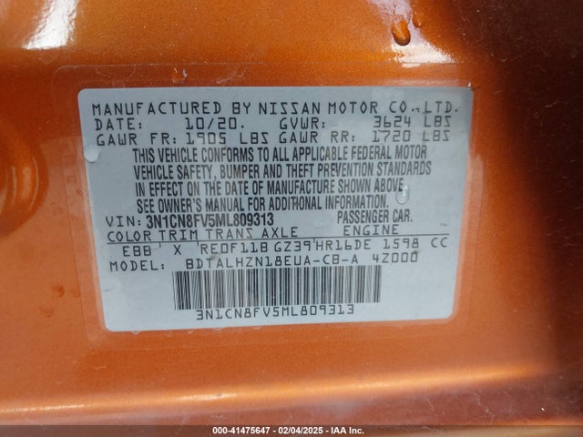 3N1CN8FV5ML809313 Nissan Versa Sr Xtronic Cvt
