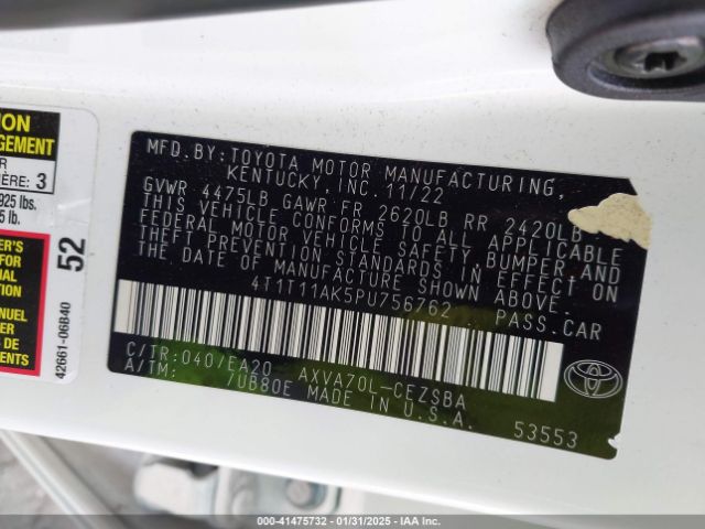 4T1T11AK5PU756762 Toyota CAMRY SE
