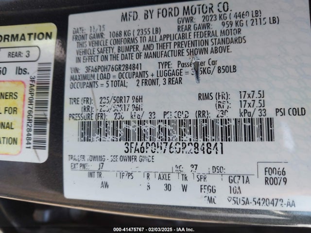 Ford FUSION SE 2016 3FA6P0H76GR284841 Image 9