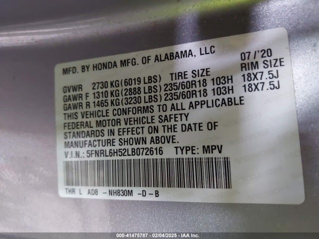 5FNRL6H52LB072616 Honda ODYSSEY EX