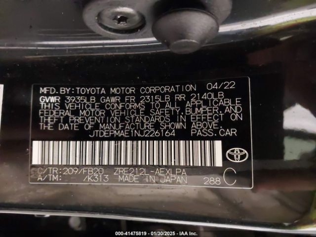 JTDEPMAE1NJ226164 Toyota COROLLA LE