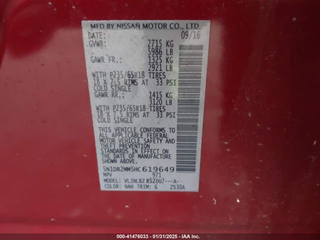 5N1DR2MM5HC619649 Nissan Pathfinder S