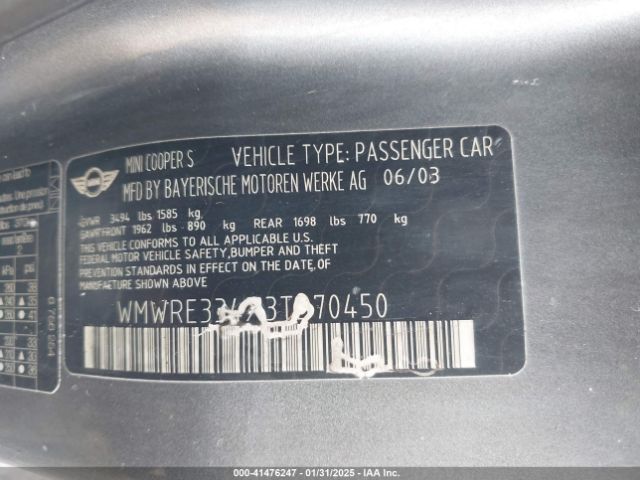 2003 MINI COOPER S WMWRE334X3TD70450 Photo 8