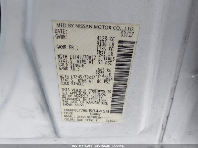 1N6BF0LY7HN804459 Nissan Nv Cargo Nv2500 Hd Sv V6