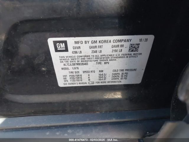 KL7CJLSB7MB335483 Chevrolet Trax Fwd Lt