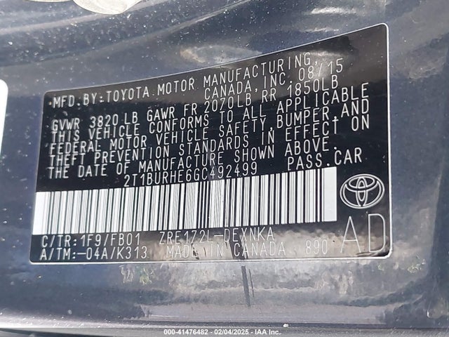 Toyota 2zr-fe 2016 2T1BURHE6GC492499 Image 9