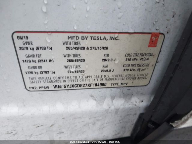 5YJXCDE27KF184980 Tesla Model X 100d/75d/long Range/standard Range