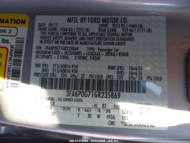 Ford FUSION S 2016 3FA6P0G71GR235869 Image 9