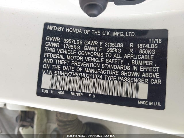 Honda CIVIC EX 2017 SHHFK7H57HU211074 Image 9