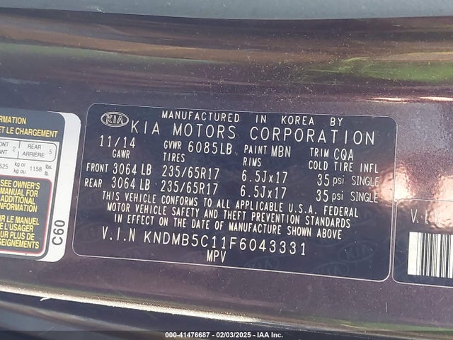 KIA SEDONA LX 2015 KNDMB5C11F6043331 Image 9