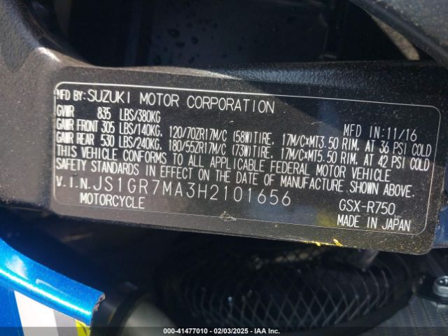 2017 SUZUKI GSX-R750 JS1GR7MA3H2101656 Photo 9