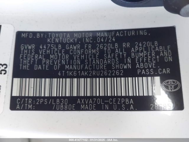 4T1K61AK2RU262262 Toyota CAMRY XSE