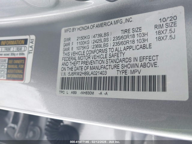 5J6RW2H89LA021403 Honda Cr-v Awd Ex-l
