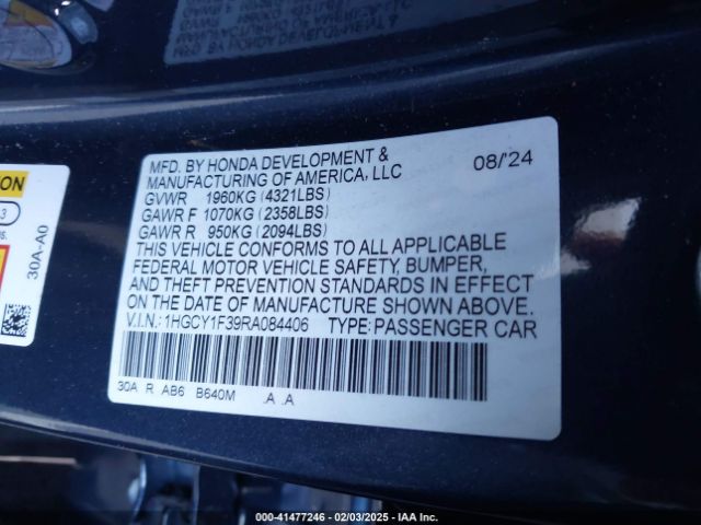1HGCY1F39RA084406 Honda ACCORD EX