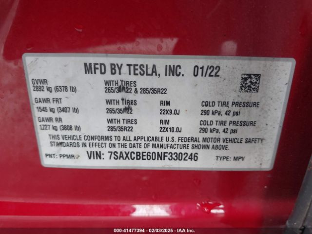 7SAXCBE60NF330246 Tesla Model X Plaid Tri Motor All-wheel Drive