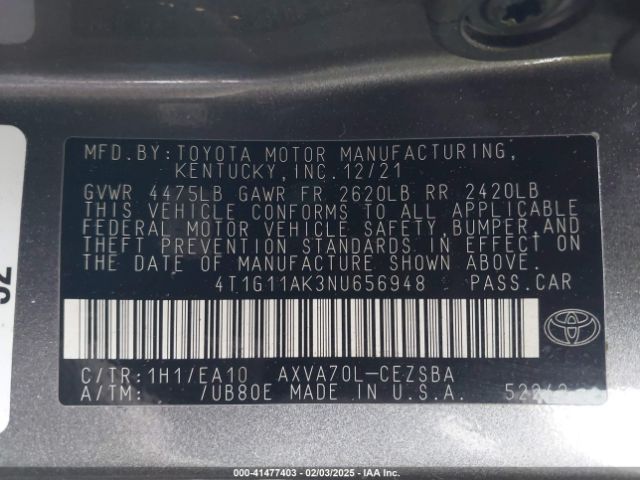 4T1G11AK3NU656948 Toyota CAMRY SE