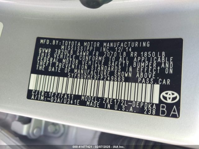 5YFBURHE9FP249669 Toyota COROLLA L
