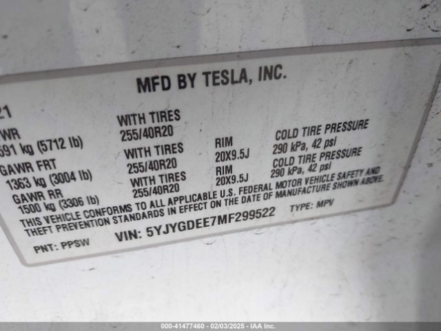 5YJYGDEE7MF299522 Tesla Model Y Long Range Dual Motor All-wheel Drive