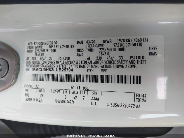 1FMCU0H62LUB25794 Ford ESCAPE SEL