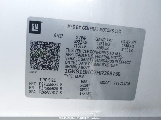 1GKS1BKC7HR368759 GMC YUKON SLT