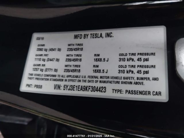 5YJ3E1EA9KF304423 Tesla Model 3 Long Range/mid Range/standard Range/standard Range Plus